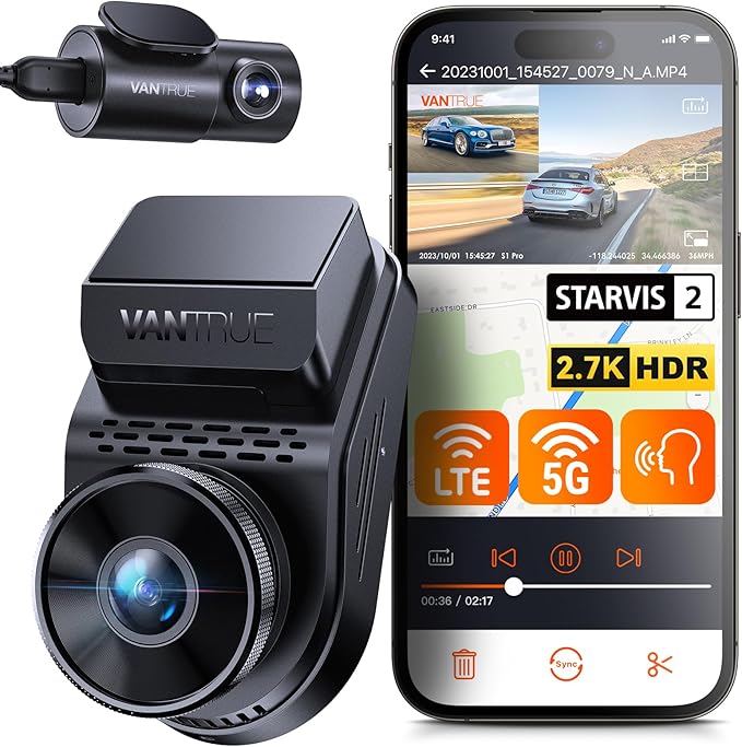 Vantrue S1 Pro 2.7K Dual Dash Cam Front and Rear, 5G WiFi 60FPS Hidden Dash Camera w/HDR Night Vision, STARVIS 2, Optional Remote Live View, GPS, Voice Control, 24/7 Parking Mode, Support 512GB Max