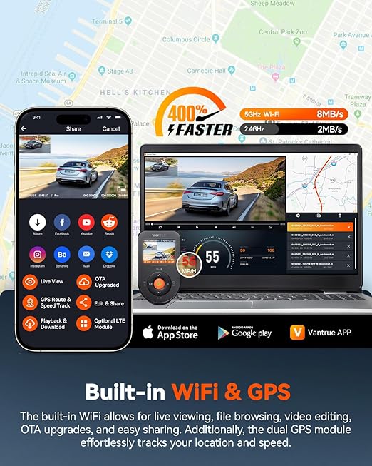 Vantrue S1 Pro 2.7K Dual Dash Cam Front and Rear, 5G WiFi 60FPS Hidden Dash Camera w/HDR Night Vision, STARVIS 2, Optional Remote Live View, GPS, Voice Control, 24/7 Parking Mode, Support 512GB Max